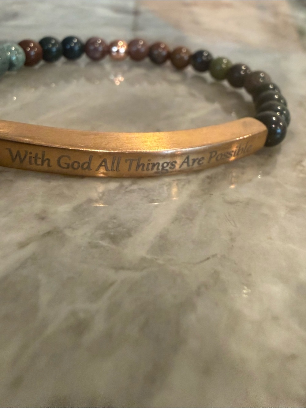 Engraved rose Gold-Tone Inspirational Beaded Bracelet in Mixed Earth Tones